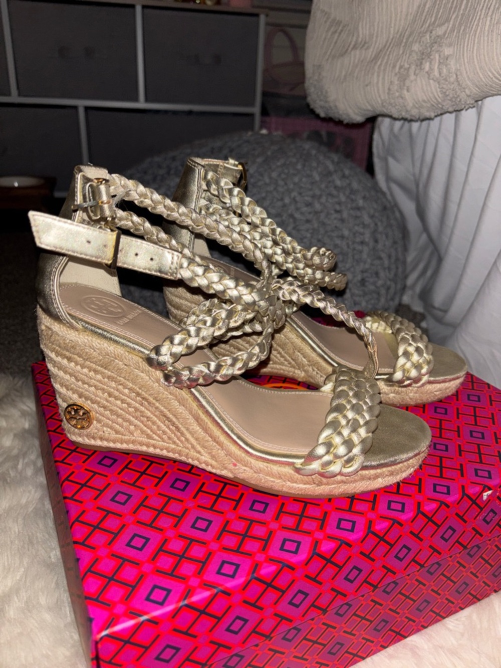 Tory Burch Metallic Gold Braided Espadrille Wedge Sandals
